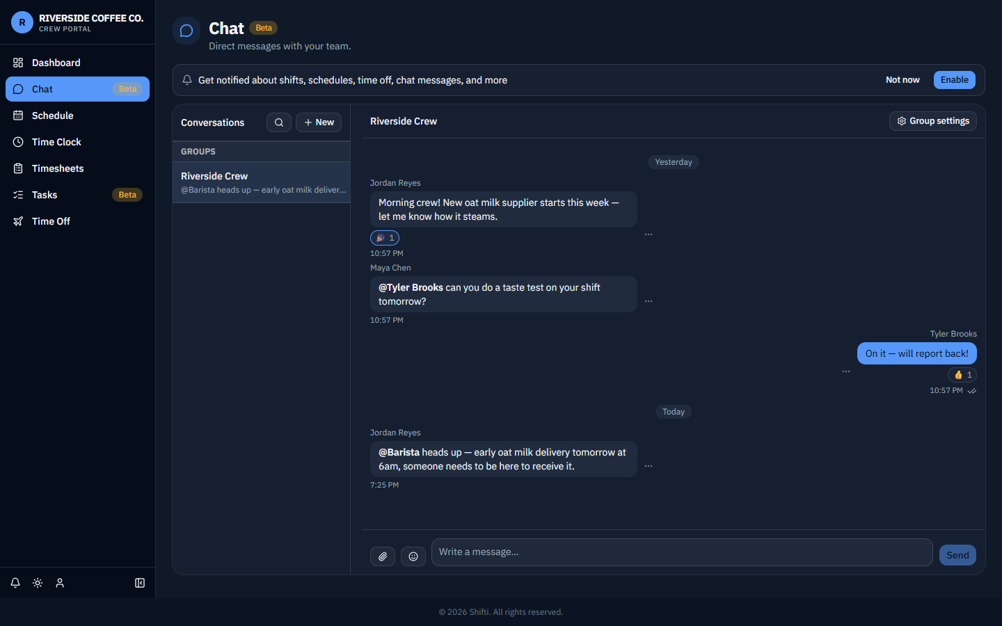 Shifti chat message showing a group @mention