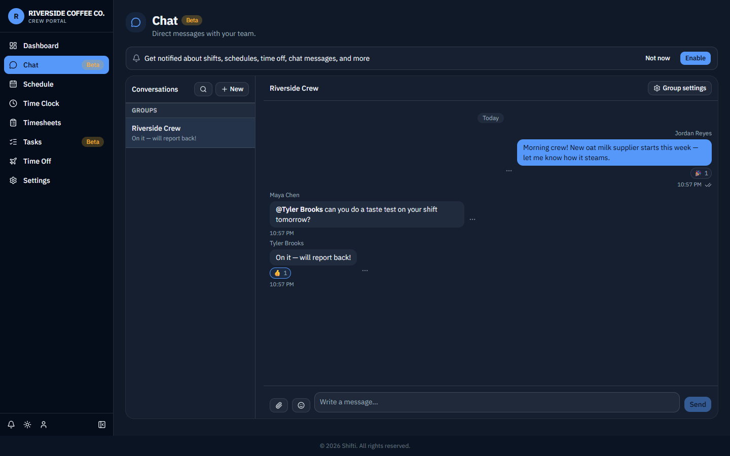 Shifti chat showing a group conversation with a reaction and an @mention