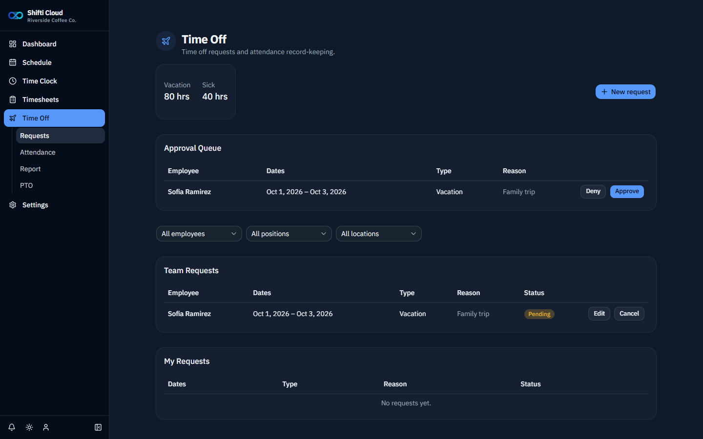 Shifti time off page showing a submitted request and PTO balance