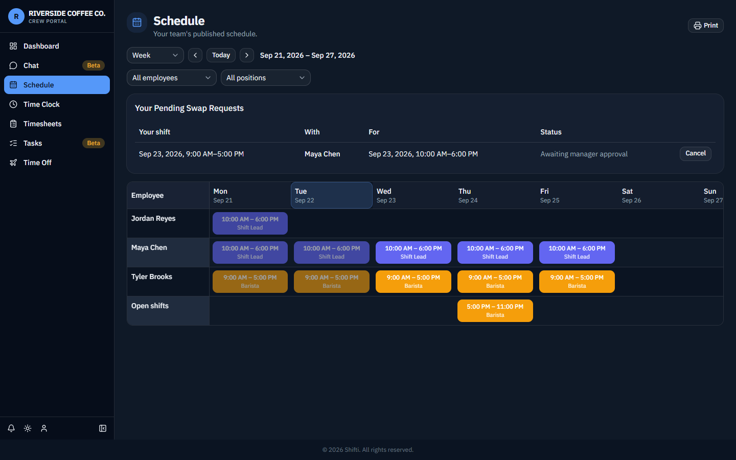 Shifti schedule showing an open shift available to claim and a pending swap request awaiting approval
