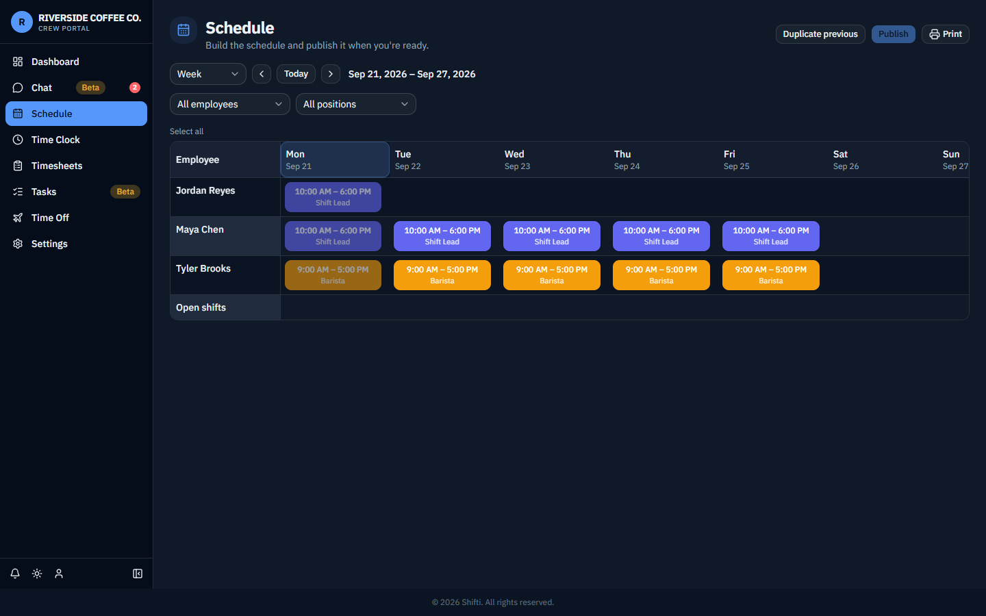 Shifti schedule grid showing published shifts across a week