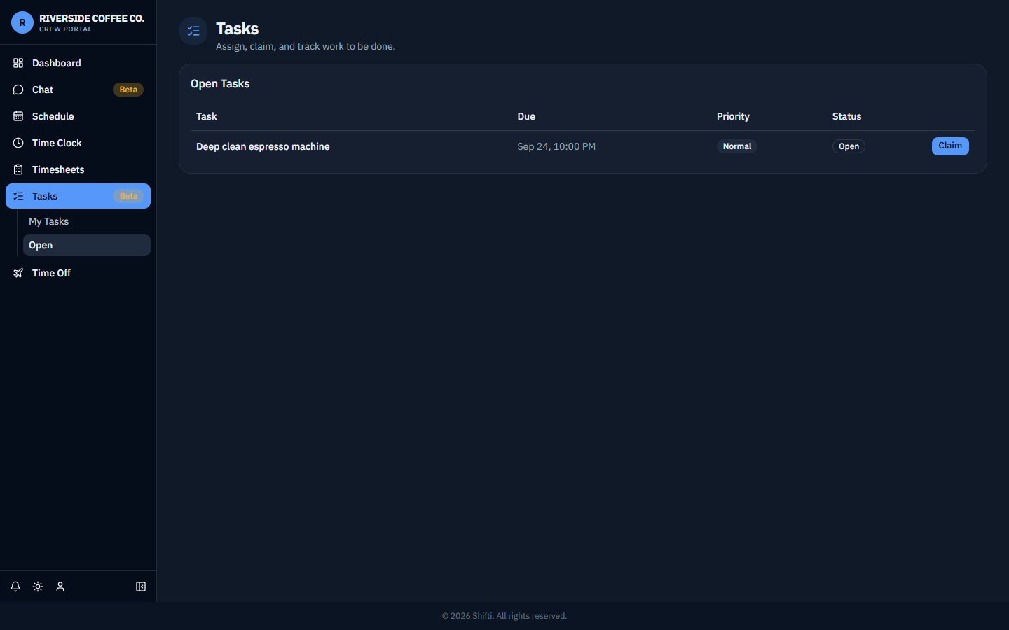 Shifti's Open Tasks view showing a claimable task with a Claim button