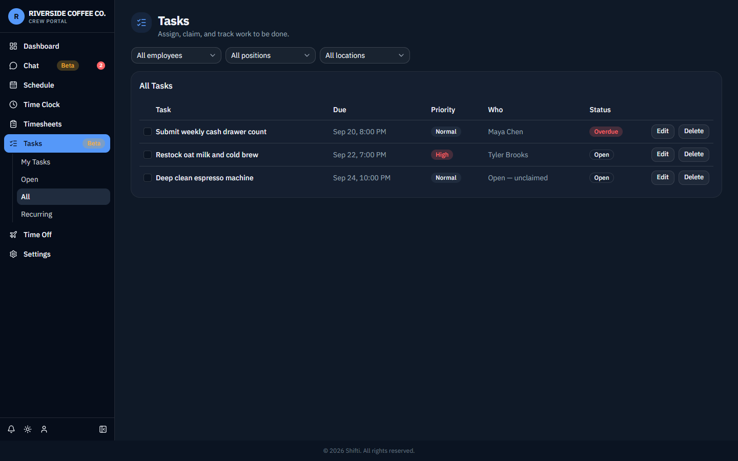 Shifti tasks page showing an assigned task and an open, claimable task