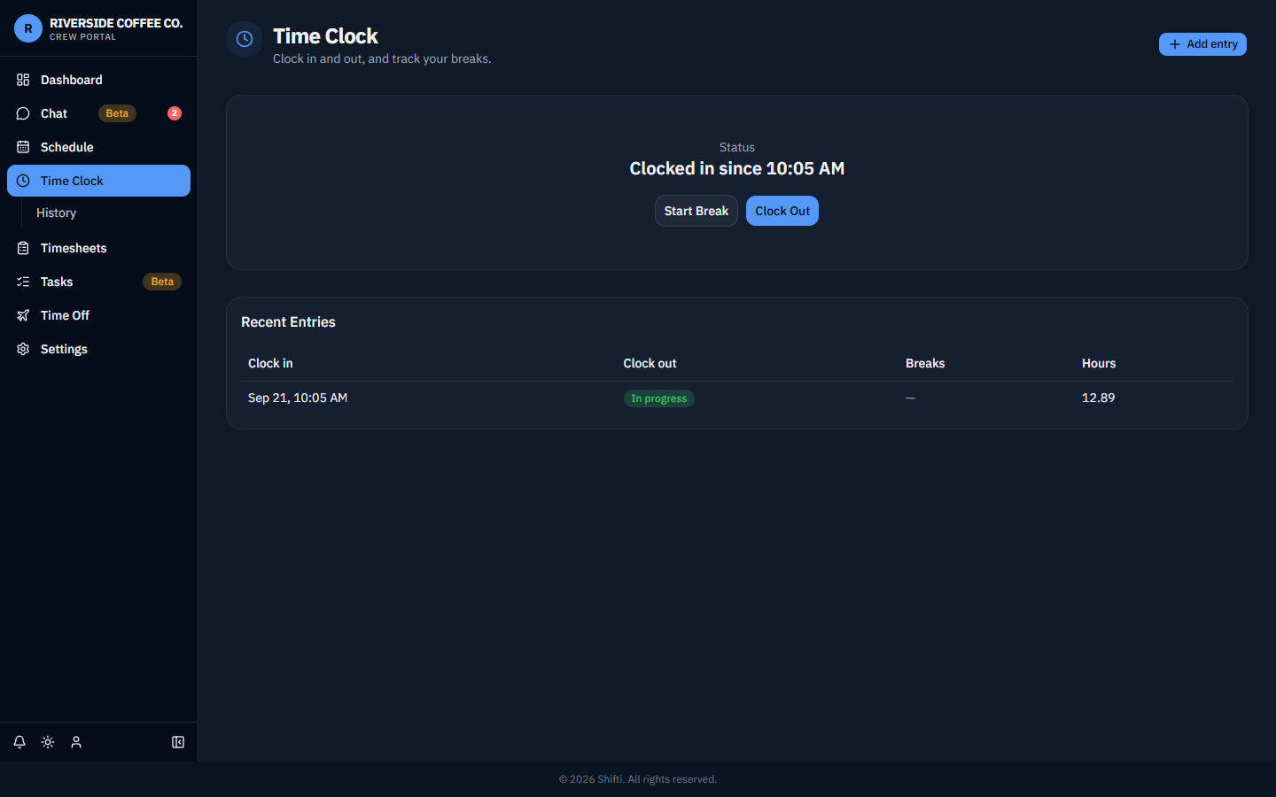 Shifti time clock showing a live clock-in with an in-progress break